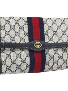 GUCCI GG Supreme Sherry Line Clutch Bag PVC Navy Gold 3